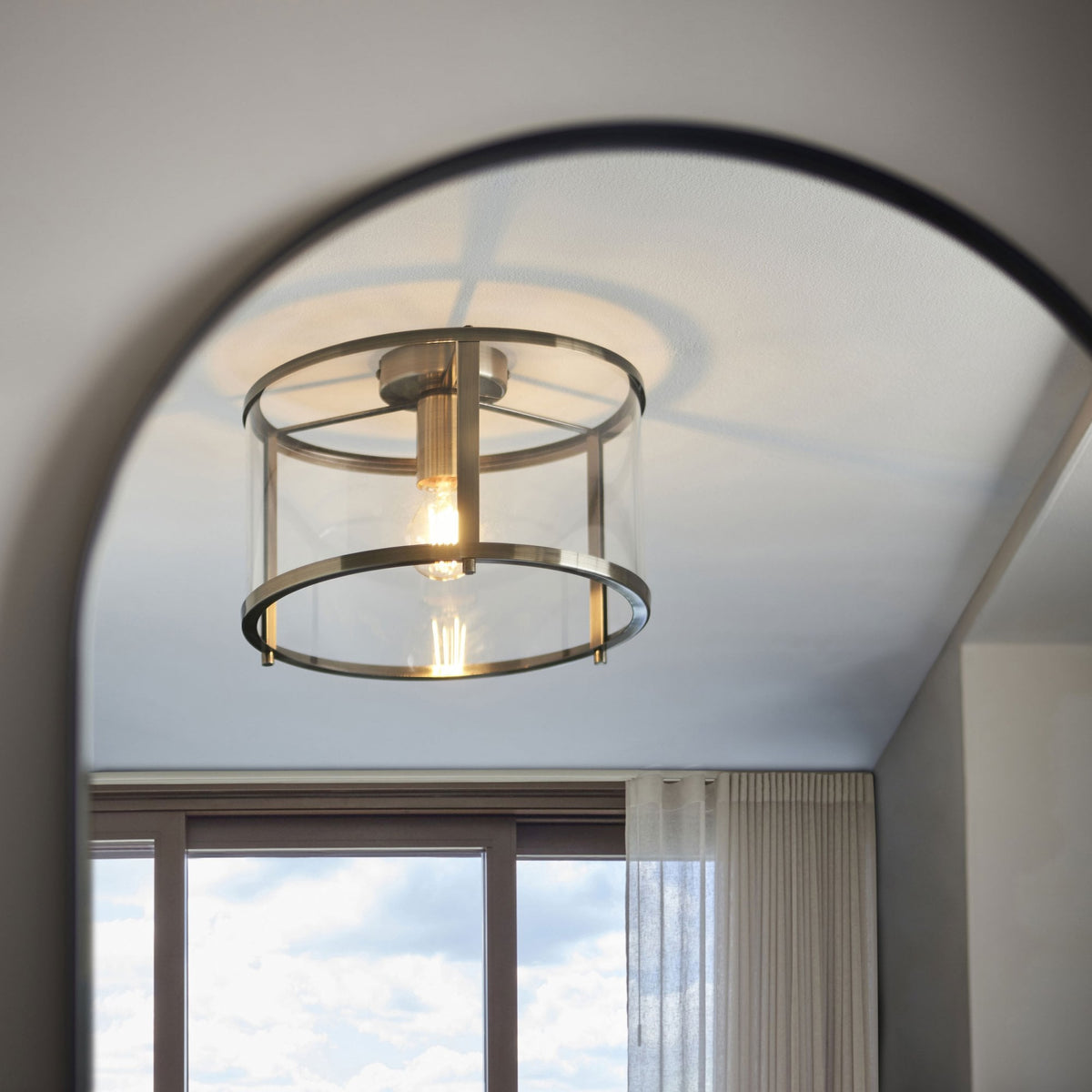 Hopton Flush Ceiling Light in Antique Brass & Clear Glass