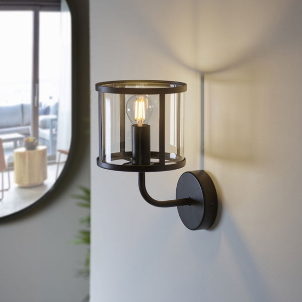 Hopton Wall Light in Matt Black & Clear Glass
