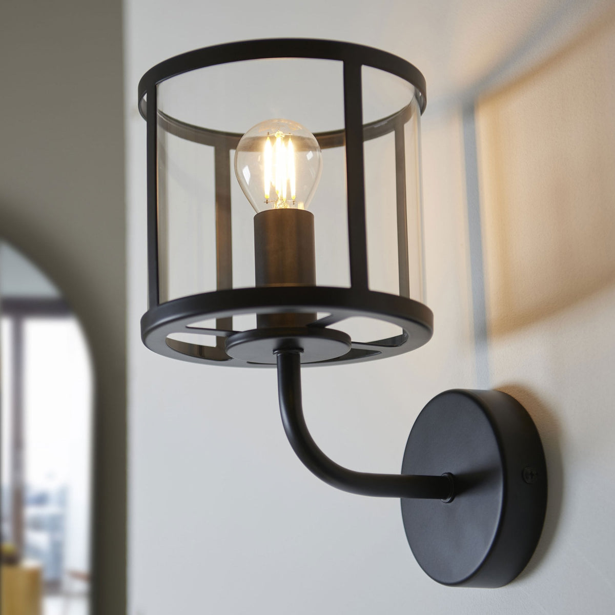 Hopton Wall Light in Matt Black & Clear Glass