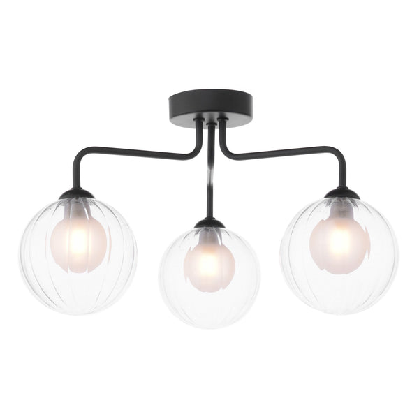 Feya 3 Light Semi Flush Ceiling Light in Matt Black With Ribbed Clear & Opal Glass Shades