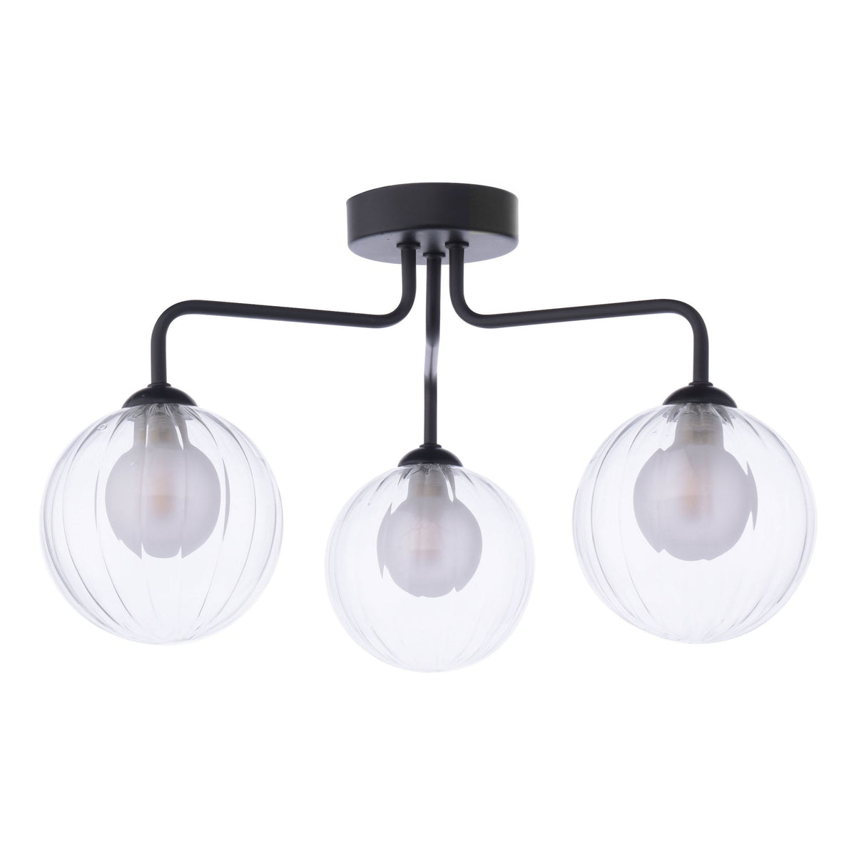 Feya 3 Light Semi Flush Ceiling Light in Matt Black With Ribbed Clear & Opal Glass Shades