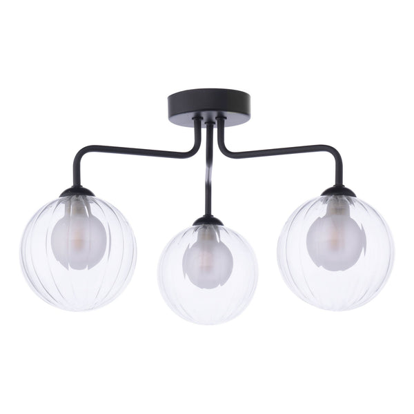 Feya 3 Light Semi Flush Ceiling Light in Matt Black With Ribbed Clear & Opal Glass Shades