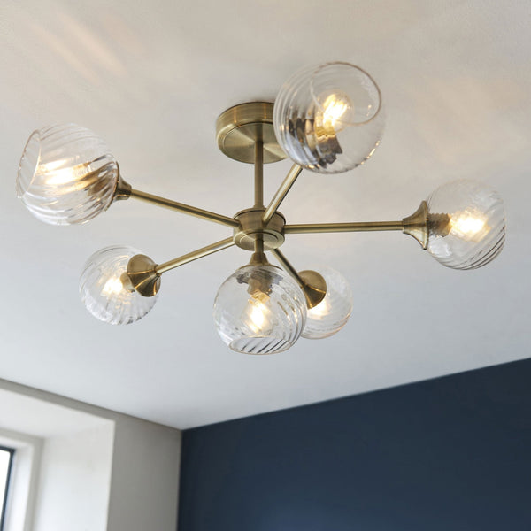 Allegra Six Light Semi Flush in Antique Brass with Twisted Glass Shades