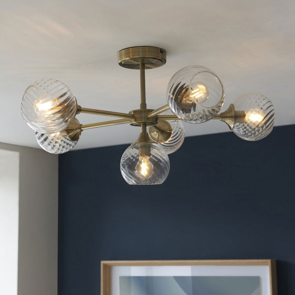 Allegra Six Light Semi Flush in Antique Brass with Twisted Glass Shades