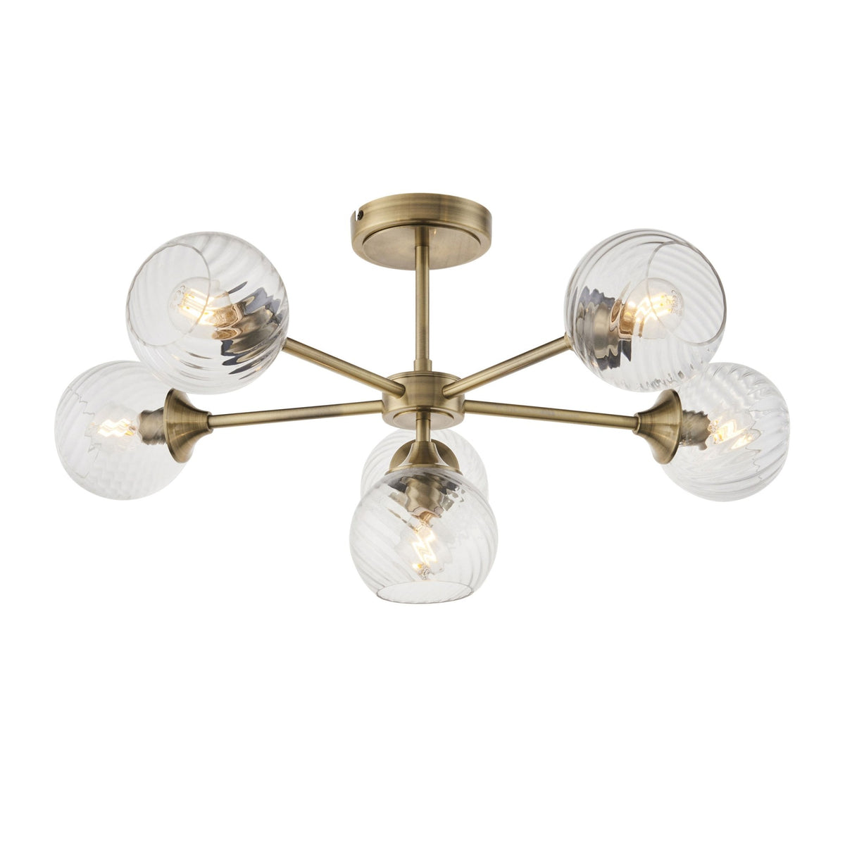 Allegra Six Light Semi Flush in Antique Brass with Twisted Glass Shades
