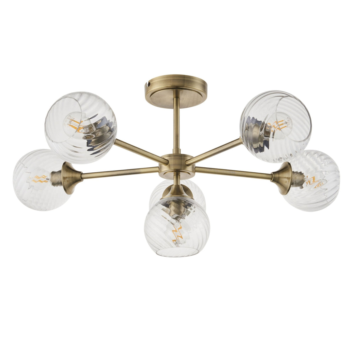 Allegra Six Light Semi Flush in Antique Brass with Twisted Glass Shades