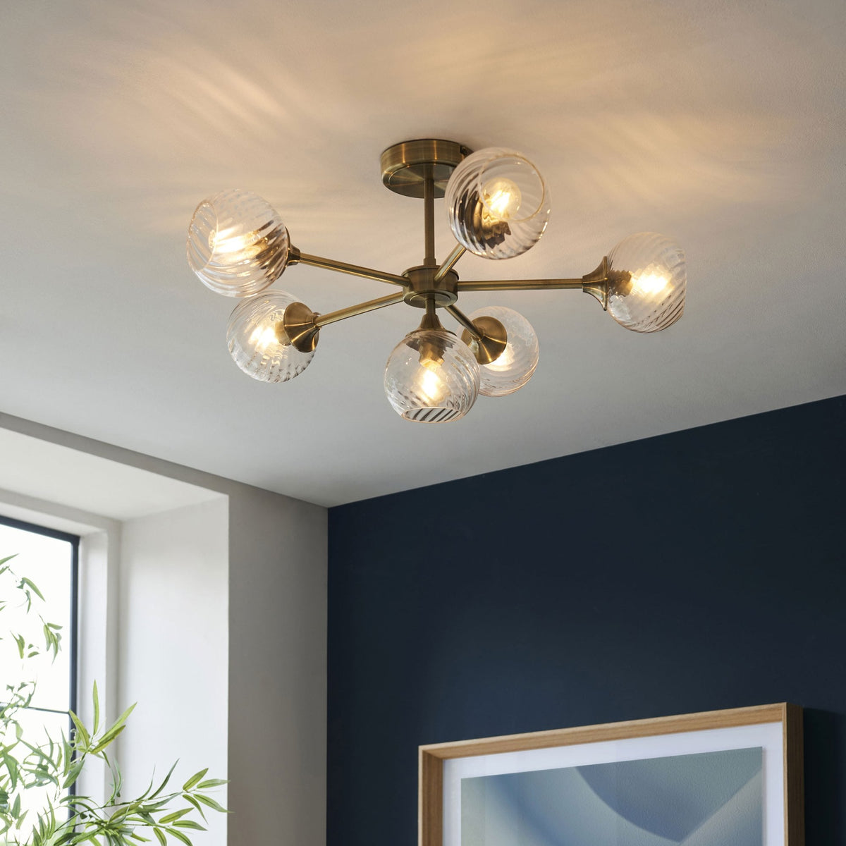 Allegra Six Light Semi Flush in Antique Brass with Twisted Glass Shades