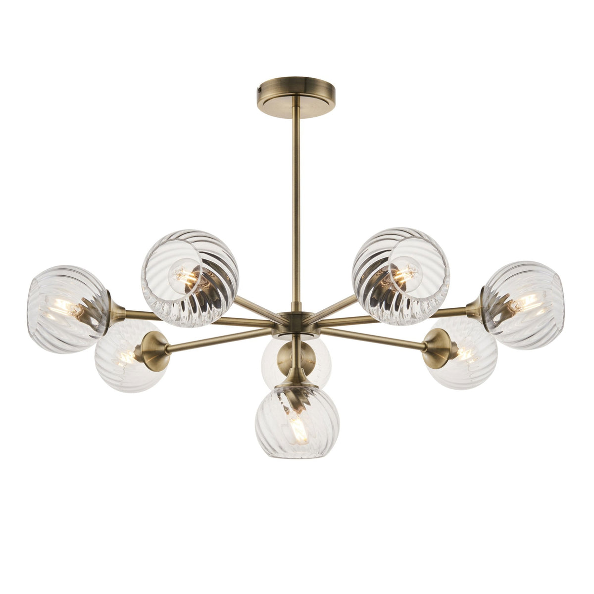 Allegra Eight Light Adjustable Height Semi Flush in Antique Brass with Twisted Glass Shades