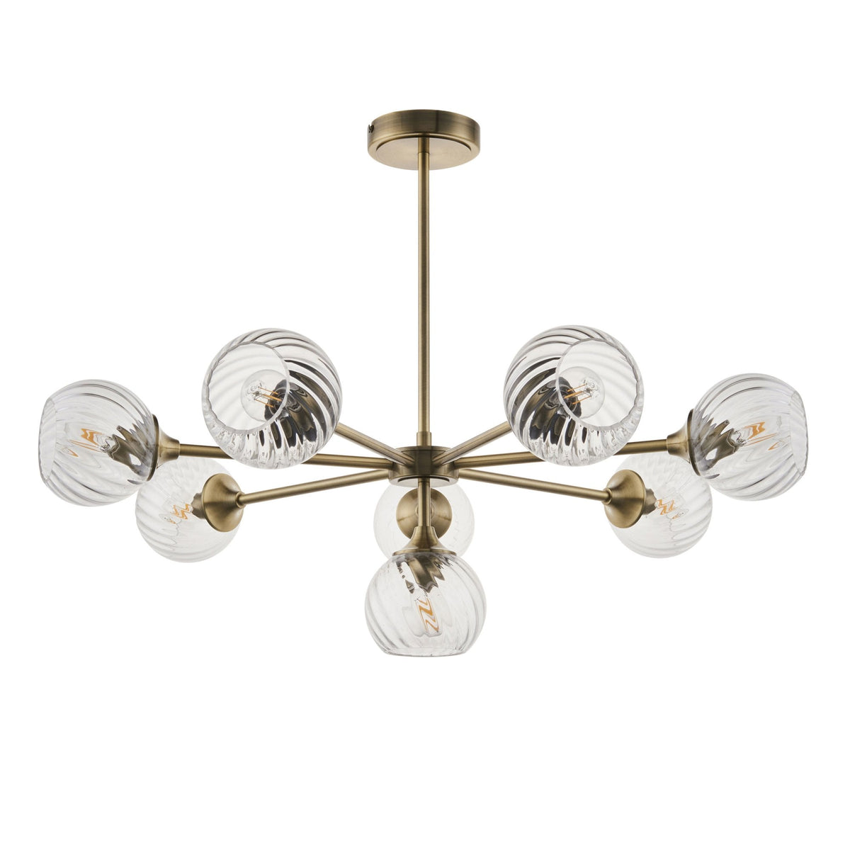 Allegra Eight Light Adjustable Height Semi Flush in Antique Brass with Twisted Glass Shades