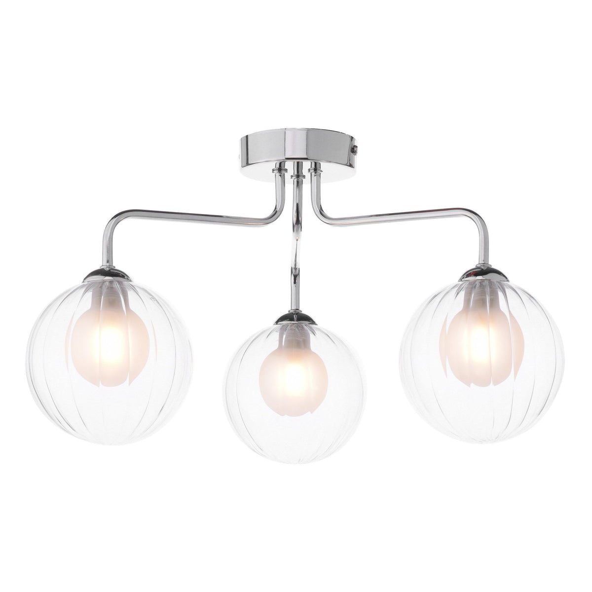 Feya 3 Light Semi Flush Ceiling Light In Polished Chrome With Ribbed Clear & Opal Glass Shades