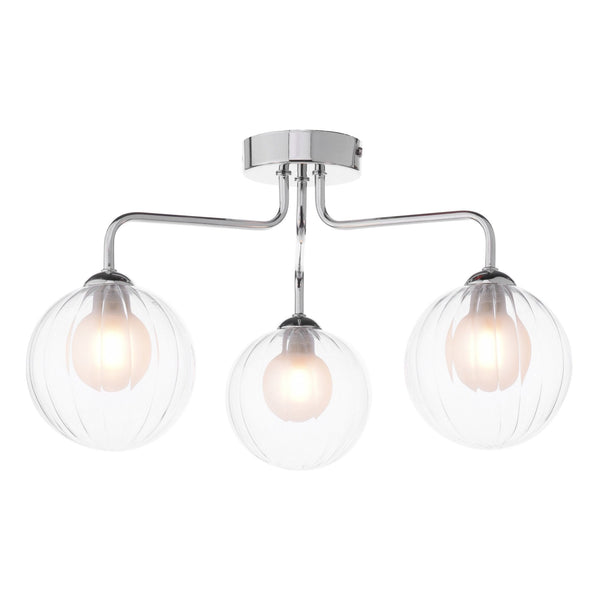 Feya 3 Light Semi Flush Ceiling Light In Polished Chrome With Ribbed Clear & Opal Glass Shades