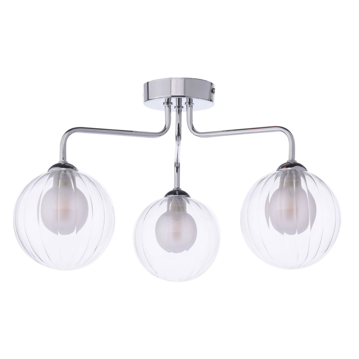 Feya 3 Light Semi Flush Ceiling Light In Polished Chrome With Ribbed Clear & Opal Glass Shades