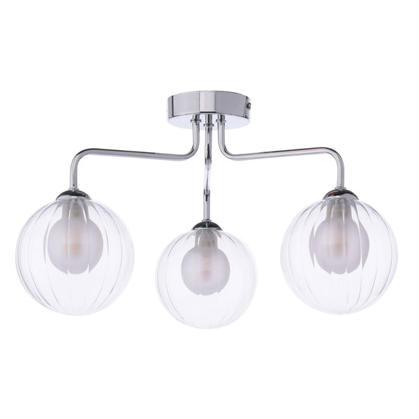 Feya 3 Light Semi Flush Ceiling Light In Polished Chrome With Ribbed Clear & Opal Glass Shades