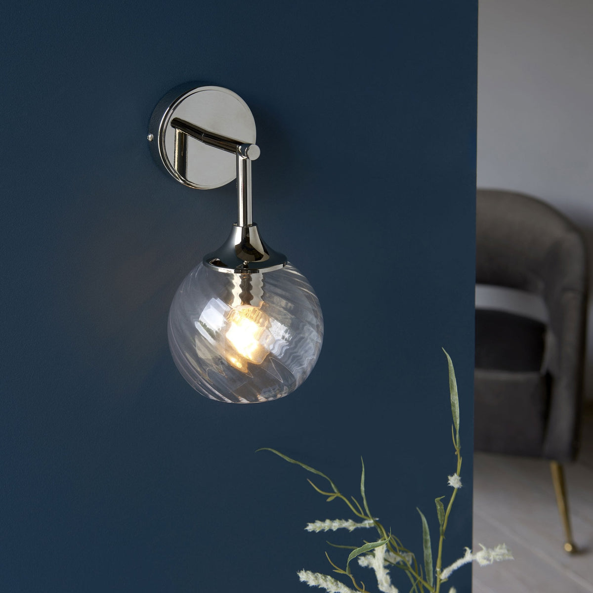 Allegra Wall Light in Bright Nickel with Twisted Glass Shade