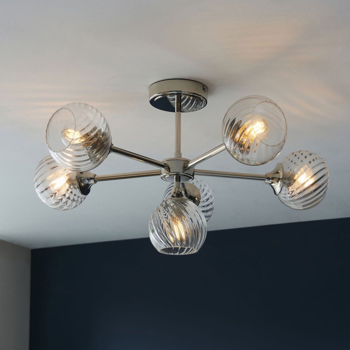 Allegra Six Light Semi Flush in Bright Nickel with Twisted Glass Shades