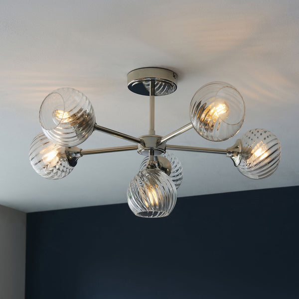 Allegra Six Light Semi Flush in Bright Nickel with Twisted Glass Shades