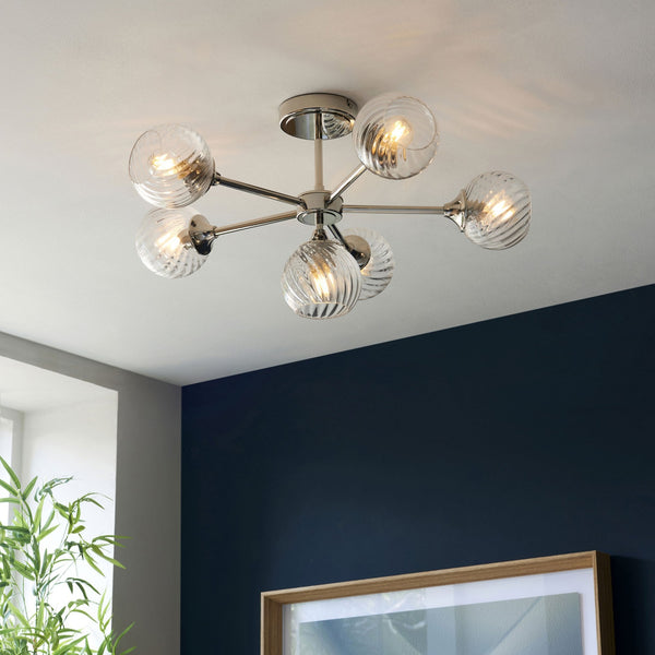 Allegra Six Light Semi Flush in Bright Nickel with Twisted Glass Shades