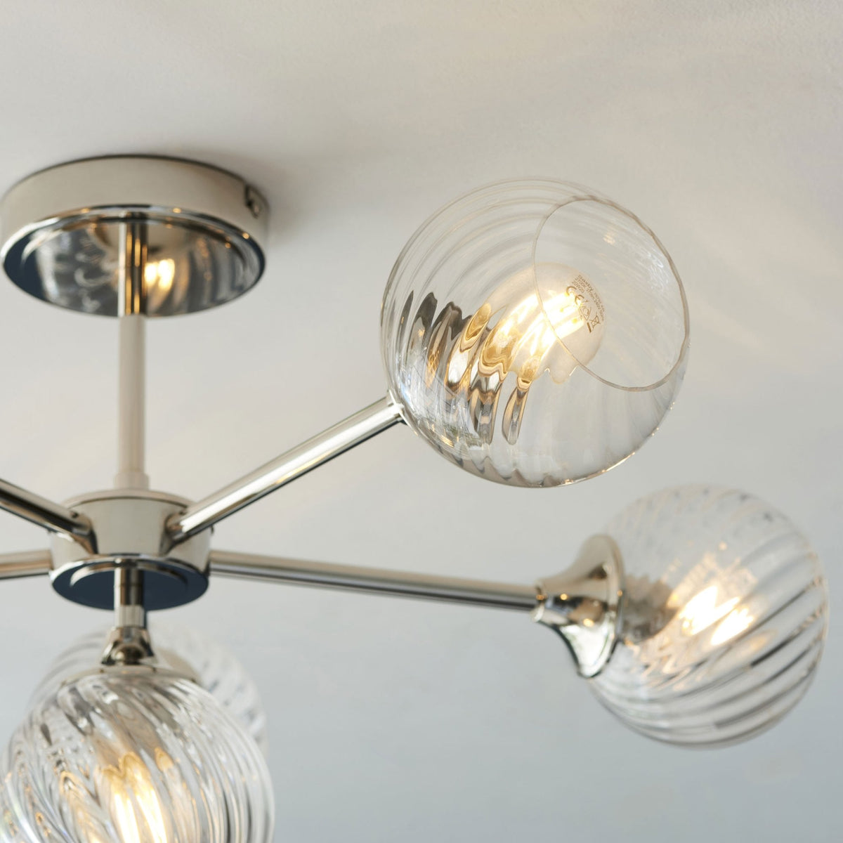 Allegra Six Light Semi Flush in Bright Nickel with Twisted Glass Shades
