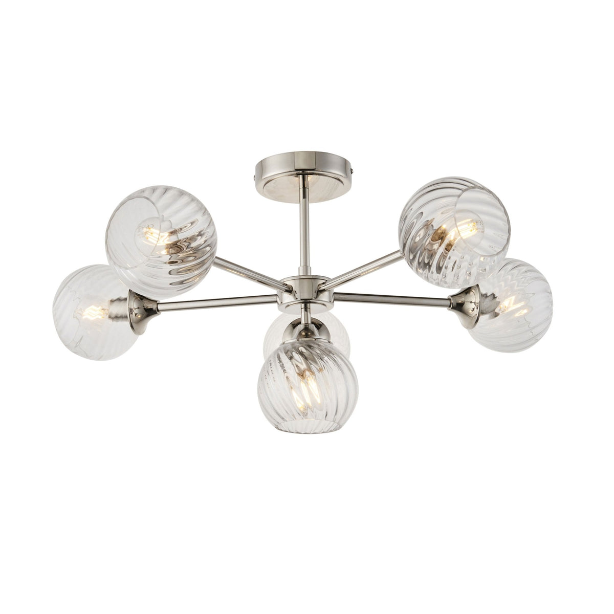 Allegra Six Light Semi Flush in Bright Nickel with Twisted Glass Shades