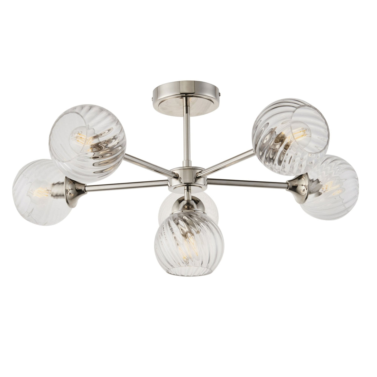 Allegra Six Light Semi Flush in Bright Nickel with Twisted Glass Shades
