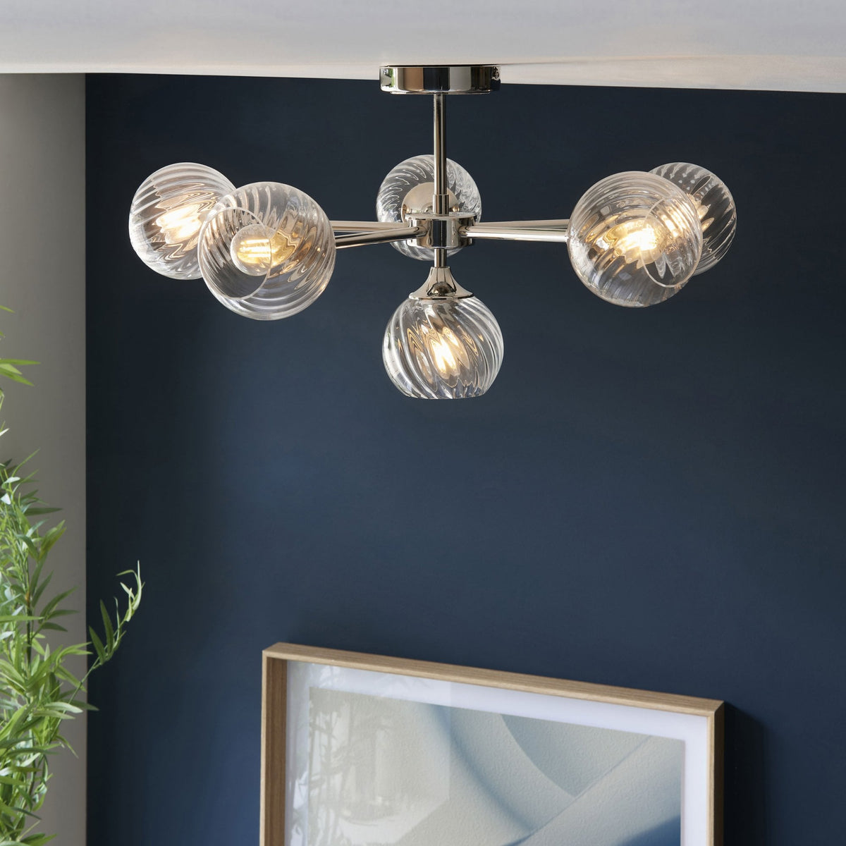 Allegra Six Light Semi Flush in Bright Nickel with Twisted Glass Shades