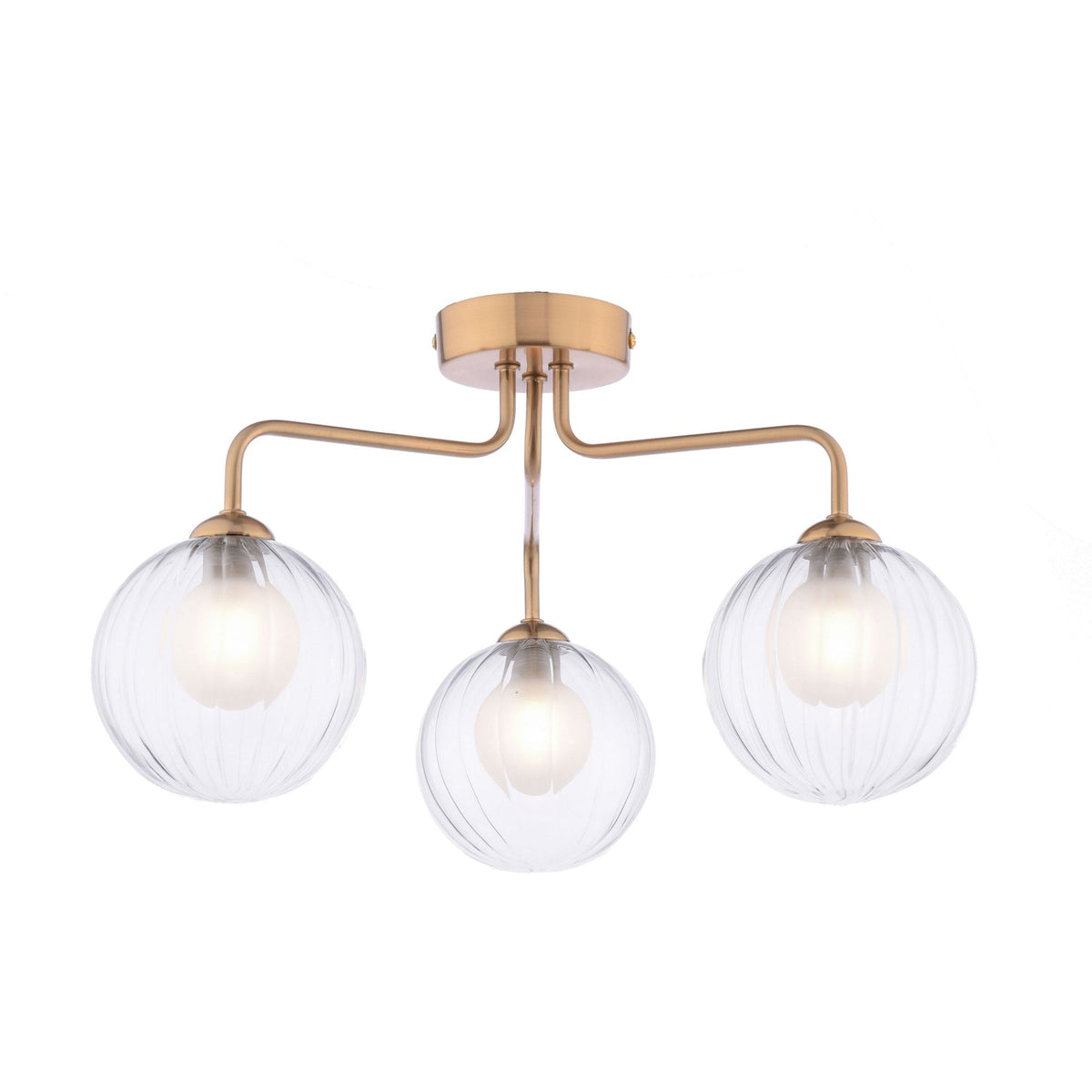 Three-light ceiling fixture with clear ribbed glass globes and a brushed gold finish.