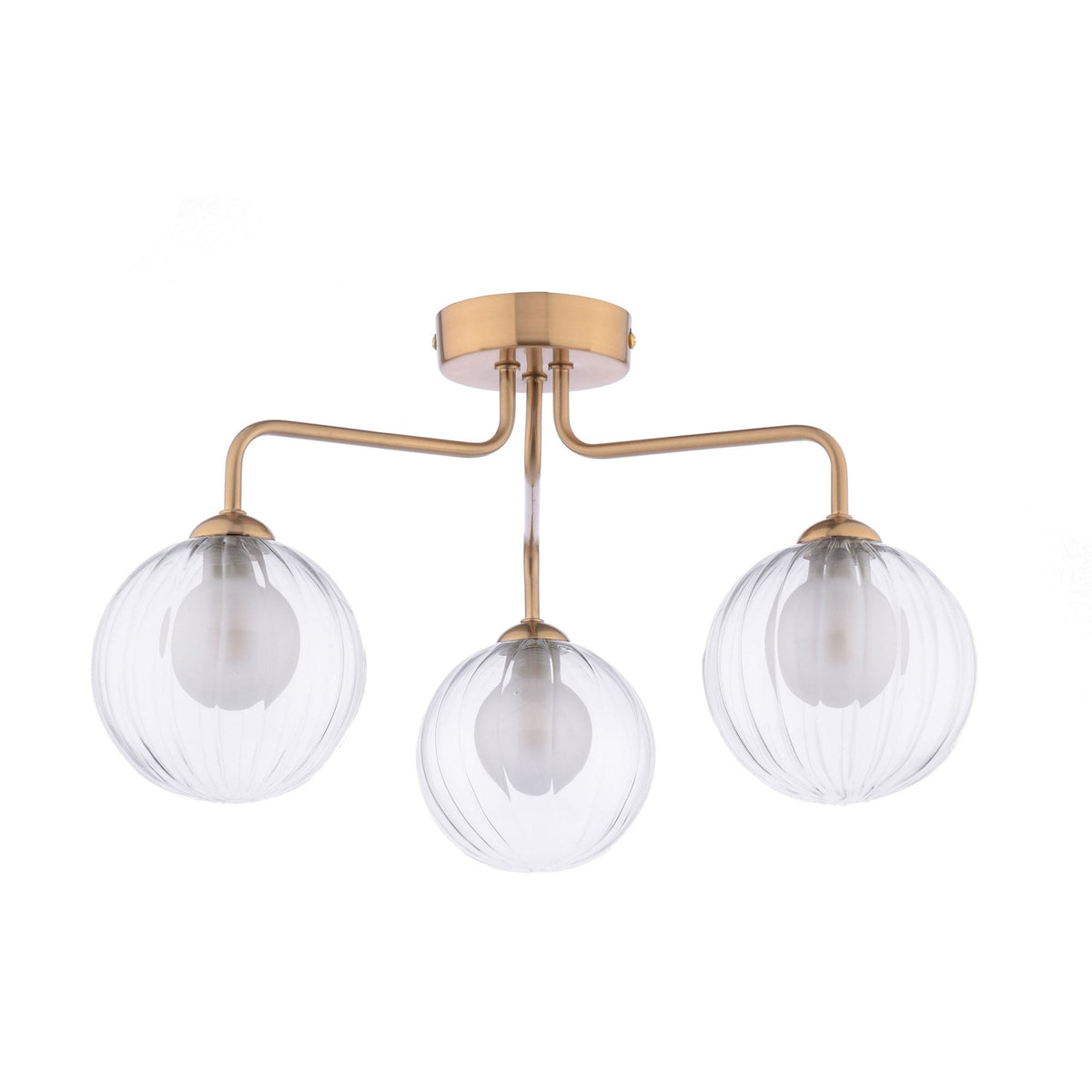 Three-light ceiling fixture with clear ribbed glass shades and a gold metal frame.