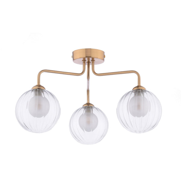 Feya 3 Light Semi Flush Ceiling Light In Antique Bronze With Ribbed Clear & Opal Glass Shades