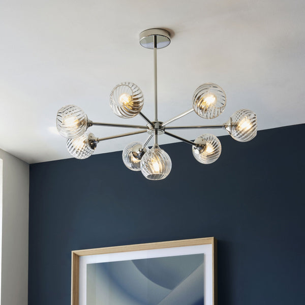Allegra Eight Light Adjustable Height Semi Flush in Bright Nickel with Twisted Glass Shades