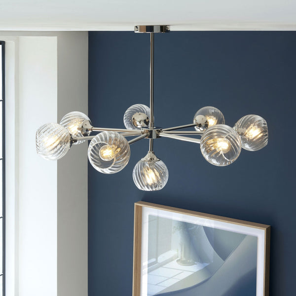 Allegra Eight Light Adjustable Height Semi Flush in Bright Nickel with Twisted Glass Shades