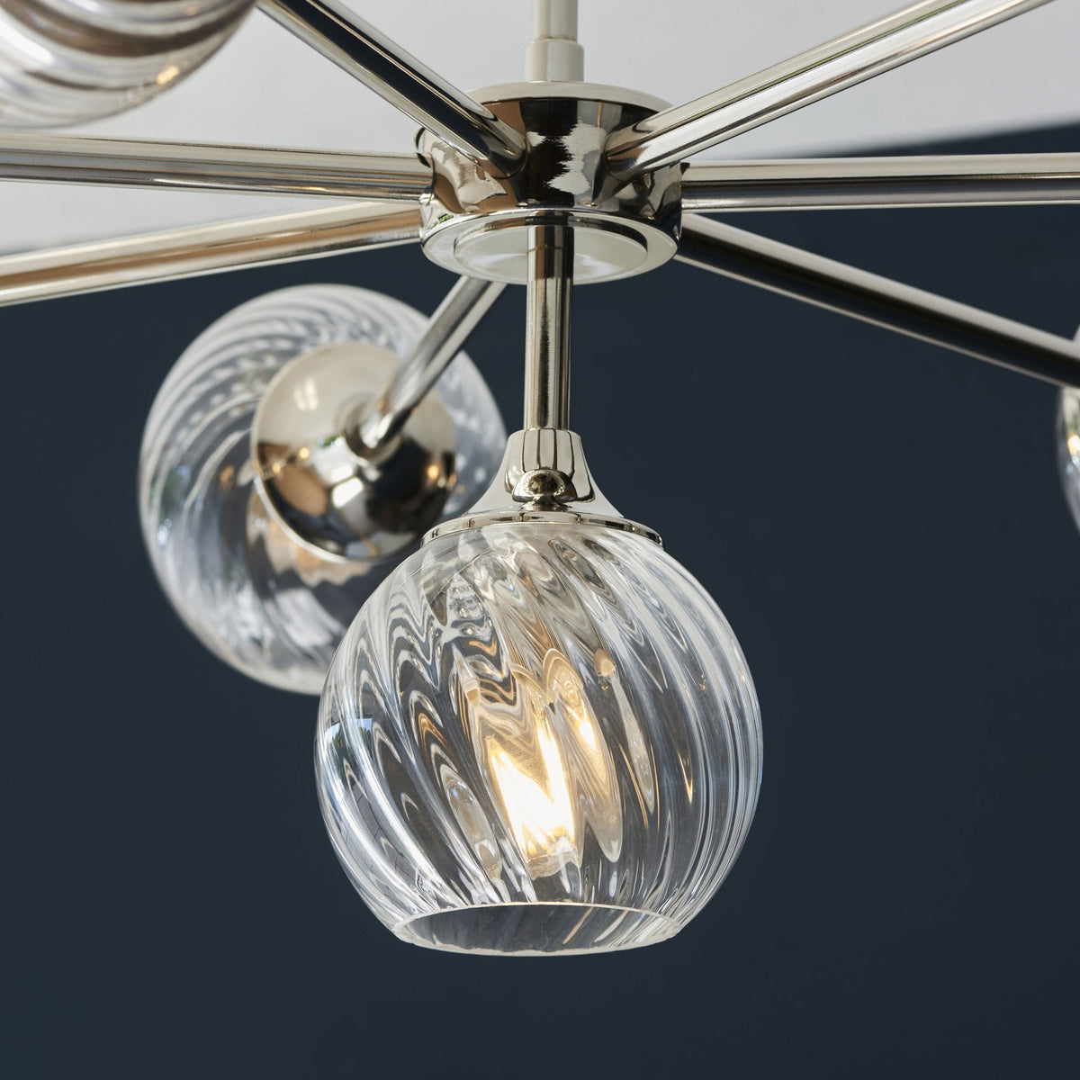 Allegra Eight Light Adjustable Height Semi Flush in Bright Nickel with Twisted Glass Shades
