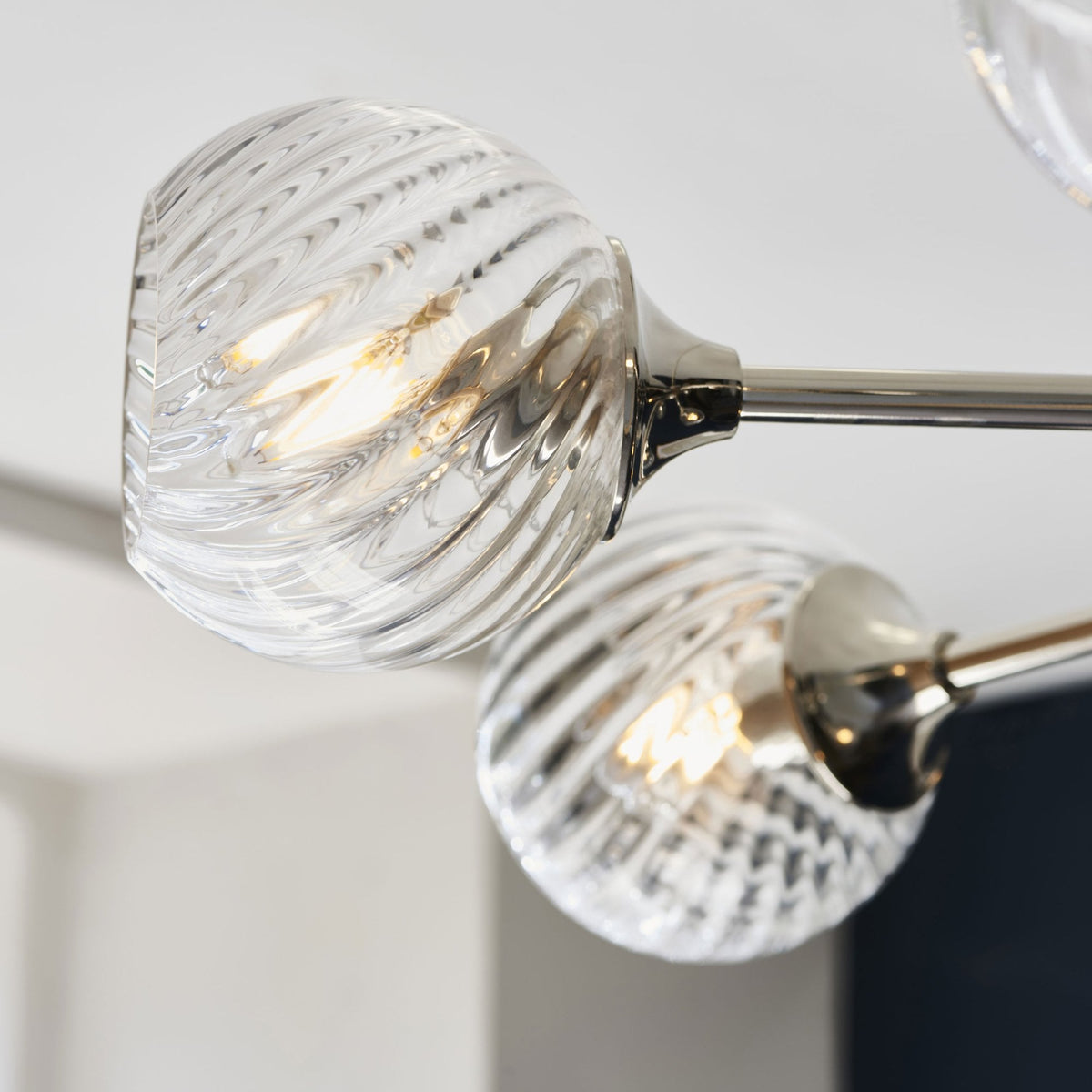 Allegra Eight Light Adjustable Height Semi Flush in Bright Nickel with Twisted Glass Shades