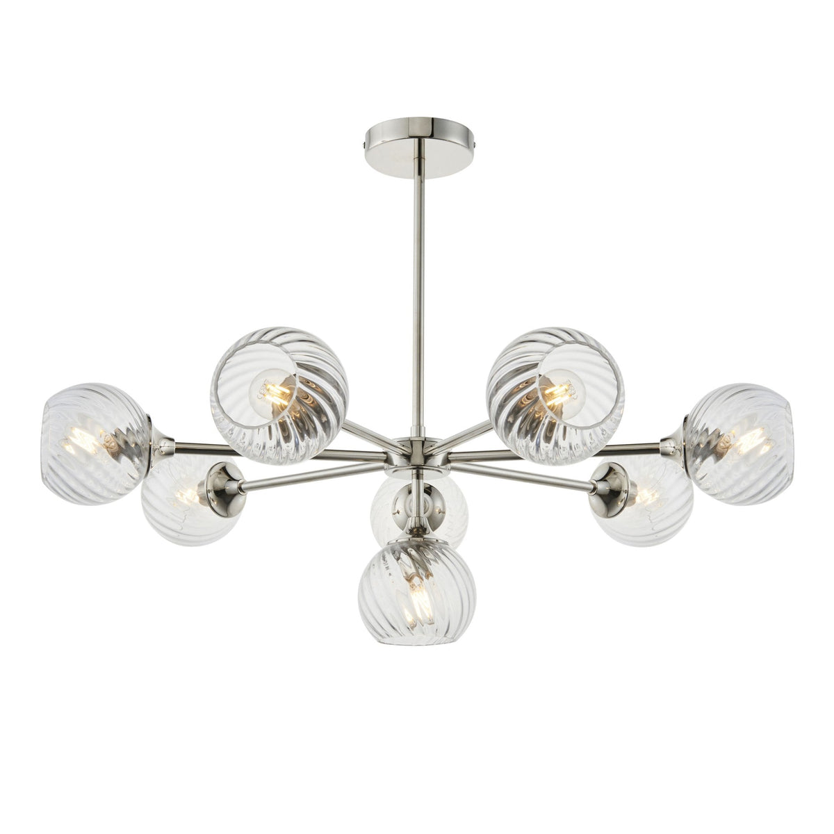 Allegra Eight Light Adjustable Height Semi Flush in Bright Nickel with Twisted Glass Shades
