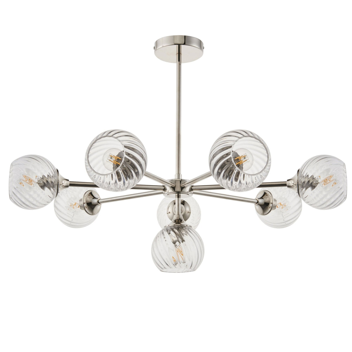 Allegra Eight Light Adjustable Height Semi Flush in Bright Nickel with Twisted Glass Shades