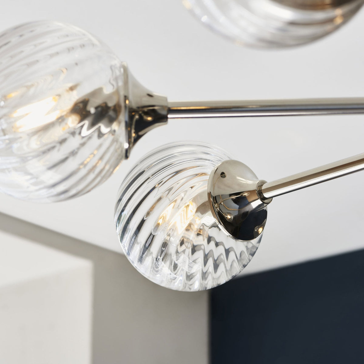 Allegra Eight Light Adjustable Height Semi Flush in Bright Nickel with Twisted Glass Shades