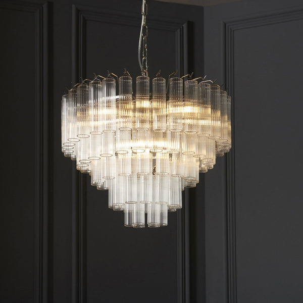 Toulouse Twelve Light Tiered Pendant in Nickel with Ribbed Cylindrical Clear Glass