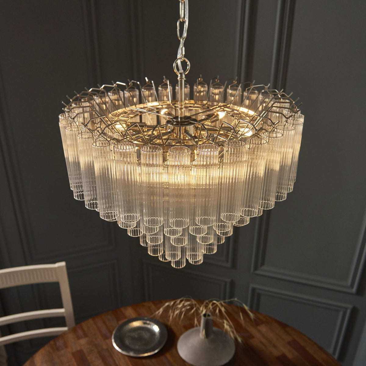 Toulouse Twelve Light Tiered Pendant in Nickel with Ribbed Cylindrical Clear Glass