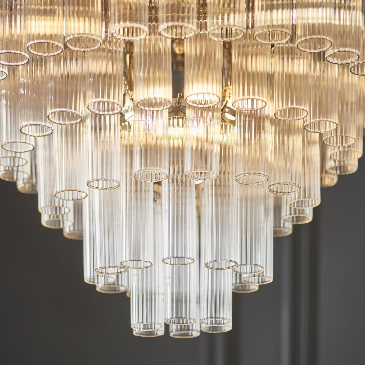 Toulouse Twelve Light Tiered Pendant in Nickel with Ribbed Cylindrical Clear Glass
