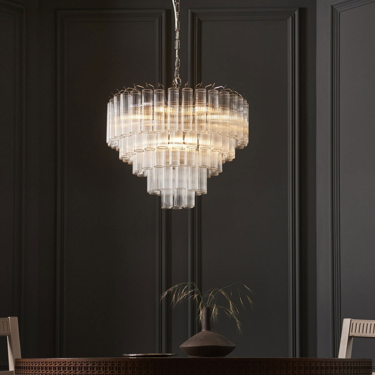 Toulouse Twelve Light Tiered Pendant in Nickel with Ribbed Cylindrical Clear Glass