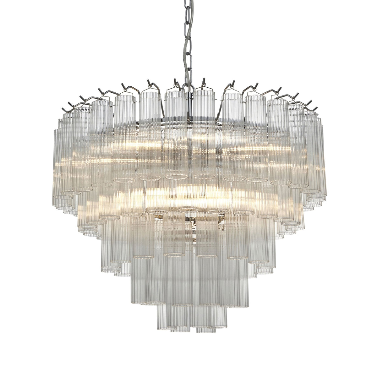 Toulouse Twelve Light Tiered Pendant in Nickel with Ribbed Cylindrical Clear Glass