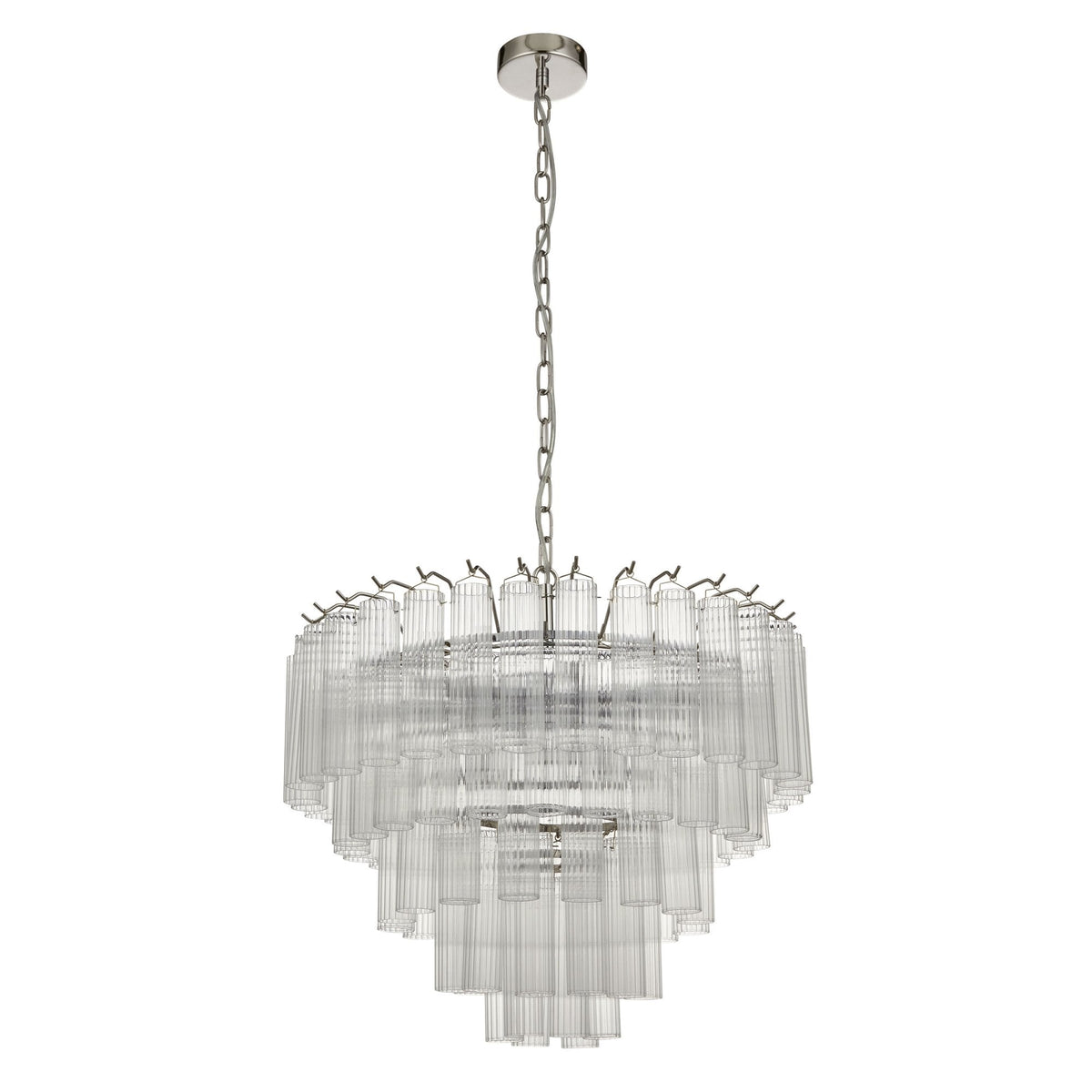 Toulouse Twelve Light Tiered Pendant in Nickel with Ribbed Cylindrical Clear Glass