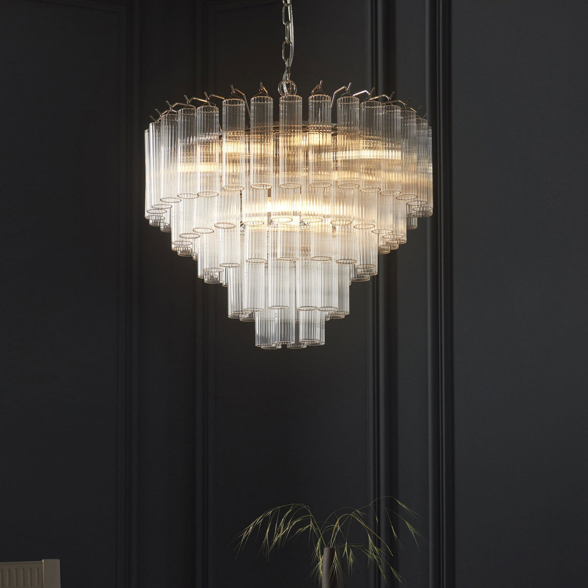 Toulouse Twelve Light Tiered Pendant in Nickel with Ribbed Cylindrical Clear Glass