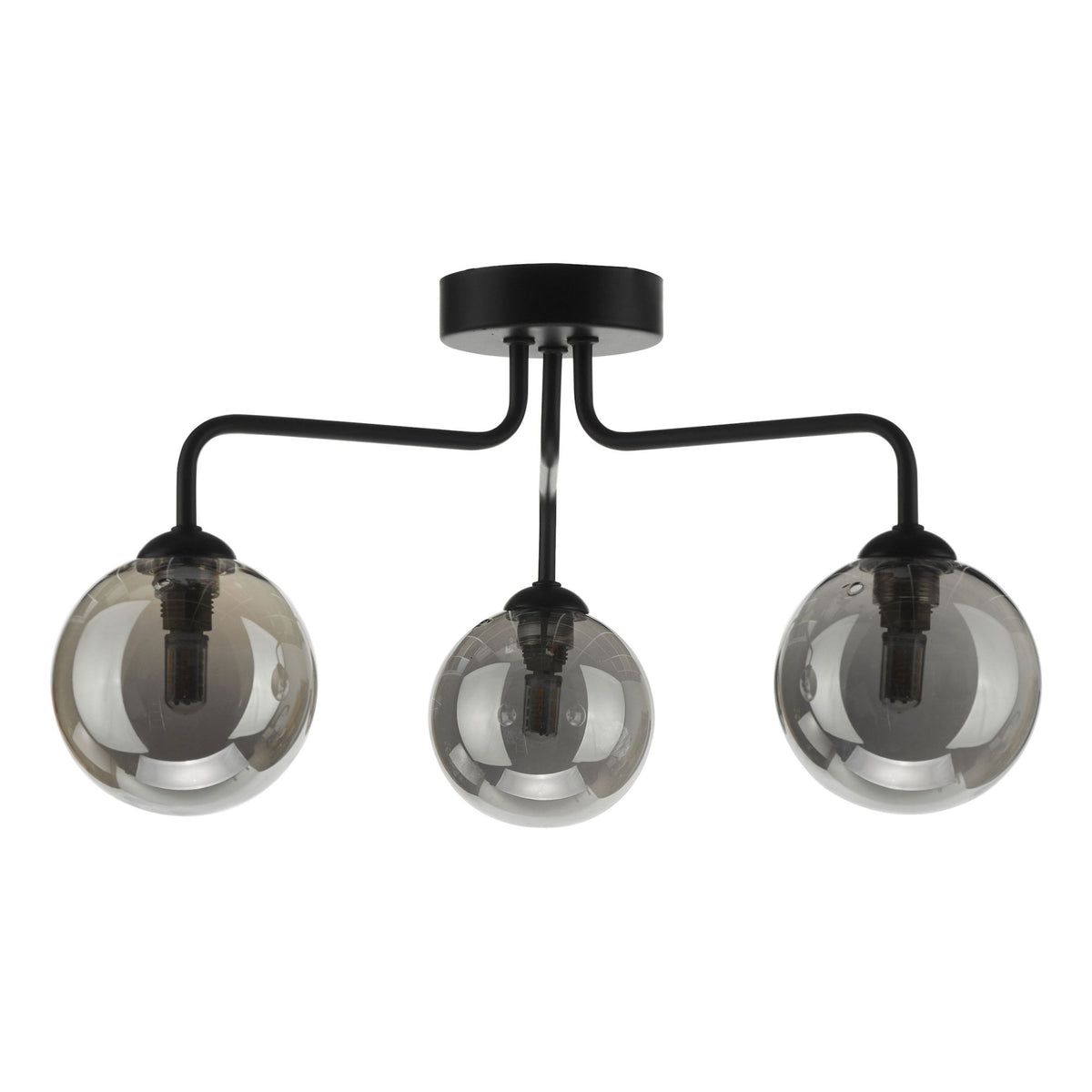 Black ceiling lamp with three smoked glass globes, each containing a light bulb.