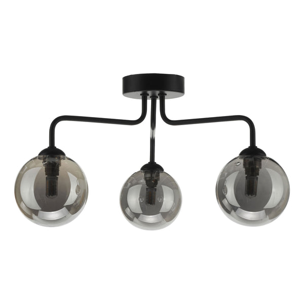 Feya 3 Light Semi Flush Ceiling Light In Matt Black With Smoked Glass Shades