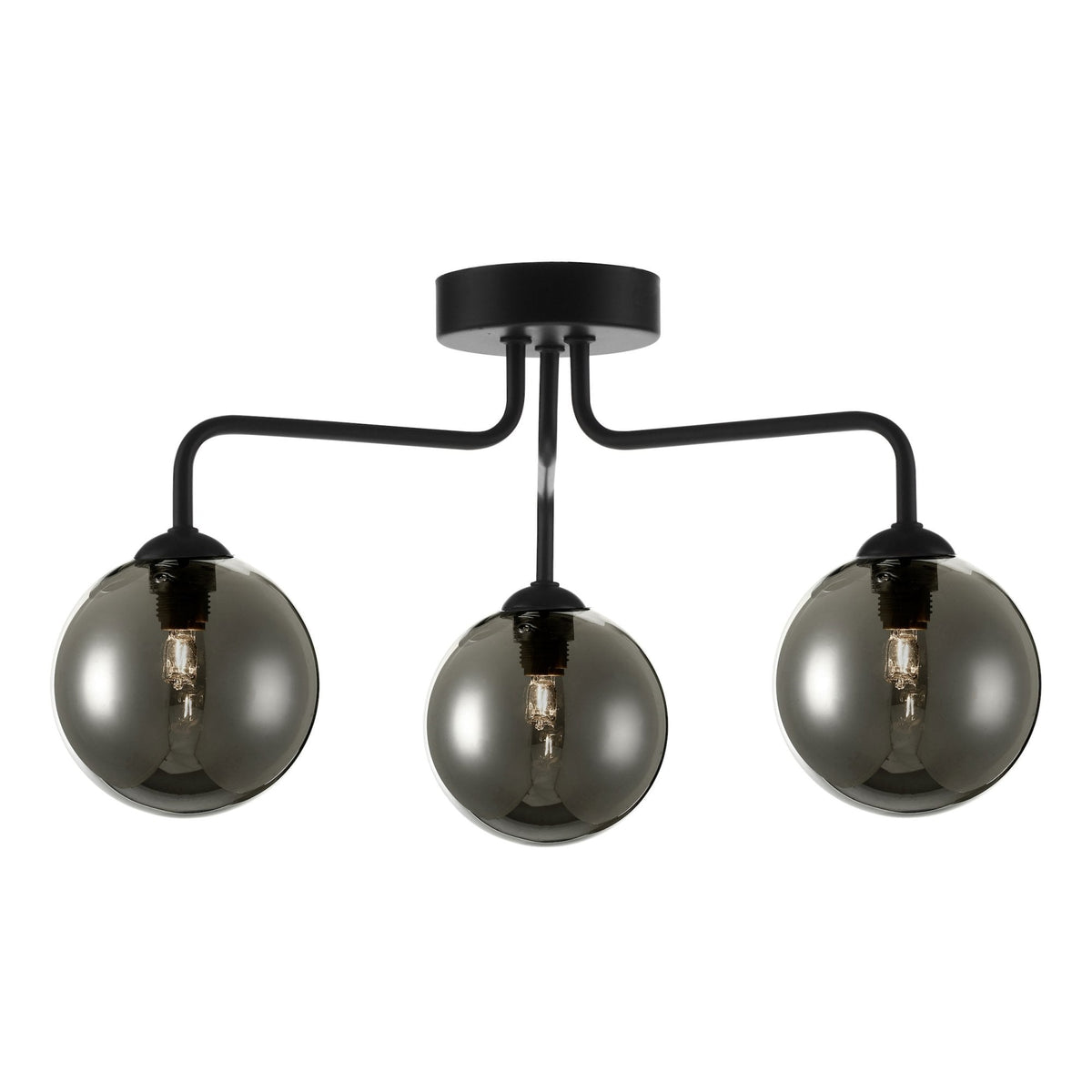 Black ceiling light with three smoked glass globe shades, each revealing an Edison bulb.