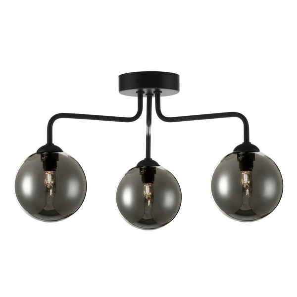 Feya 3 Light Semi Flush Ceiling Light In Matt Black With Smoked Glass Shades