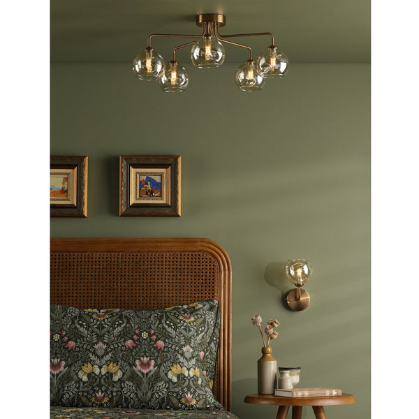 Feya 5 Light Semi Flush Ceiling Light In Antique Bronze With Champagne Dimpled Glass Shades