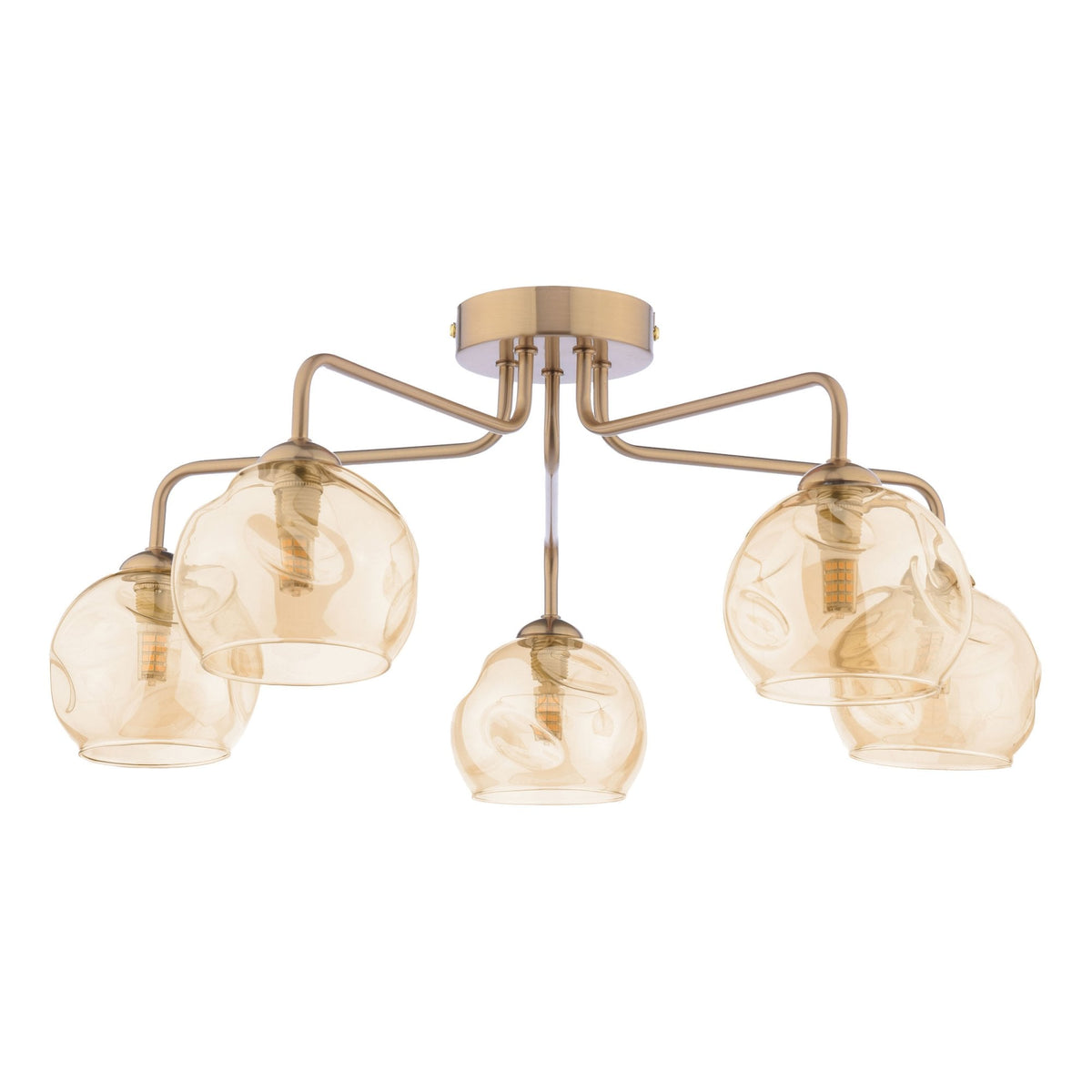 Feya 5 Light Semi Flush Ceiling Light In Antique Bronze With Champagne Dimpled Glass Shades