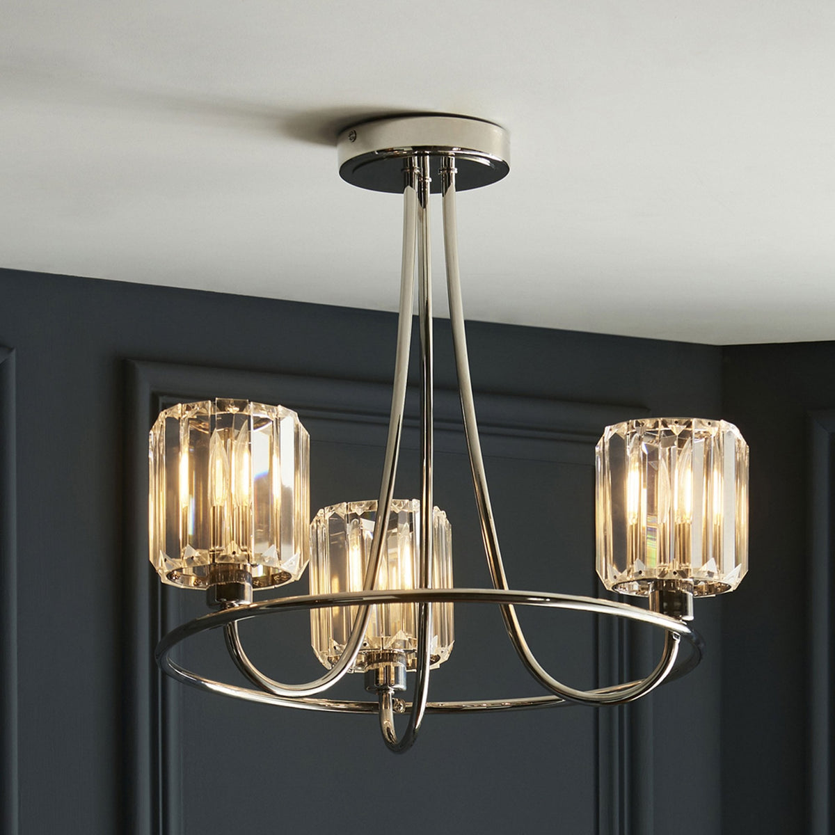 Berenice Three Arm Semi Flush Light in Polished Nickel with Clear Cut Faceted Glass