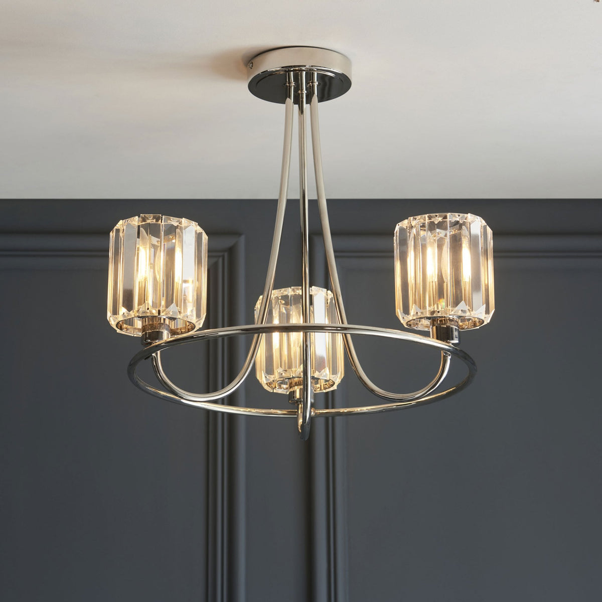 Berenice Three Arm Semi Flush Light in Polished Nickel with Clear Cut Faceted Glass